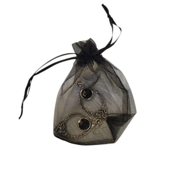 Tear Drop Pierced Earrings Hammered Silver Round Black Stone 2 inch drop - Picture 13 of 13